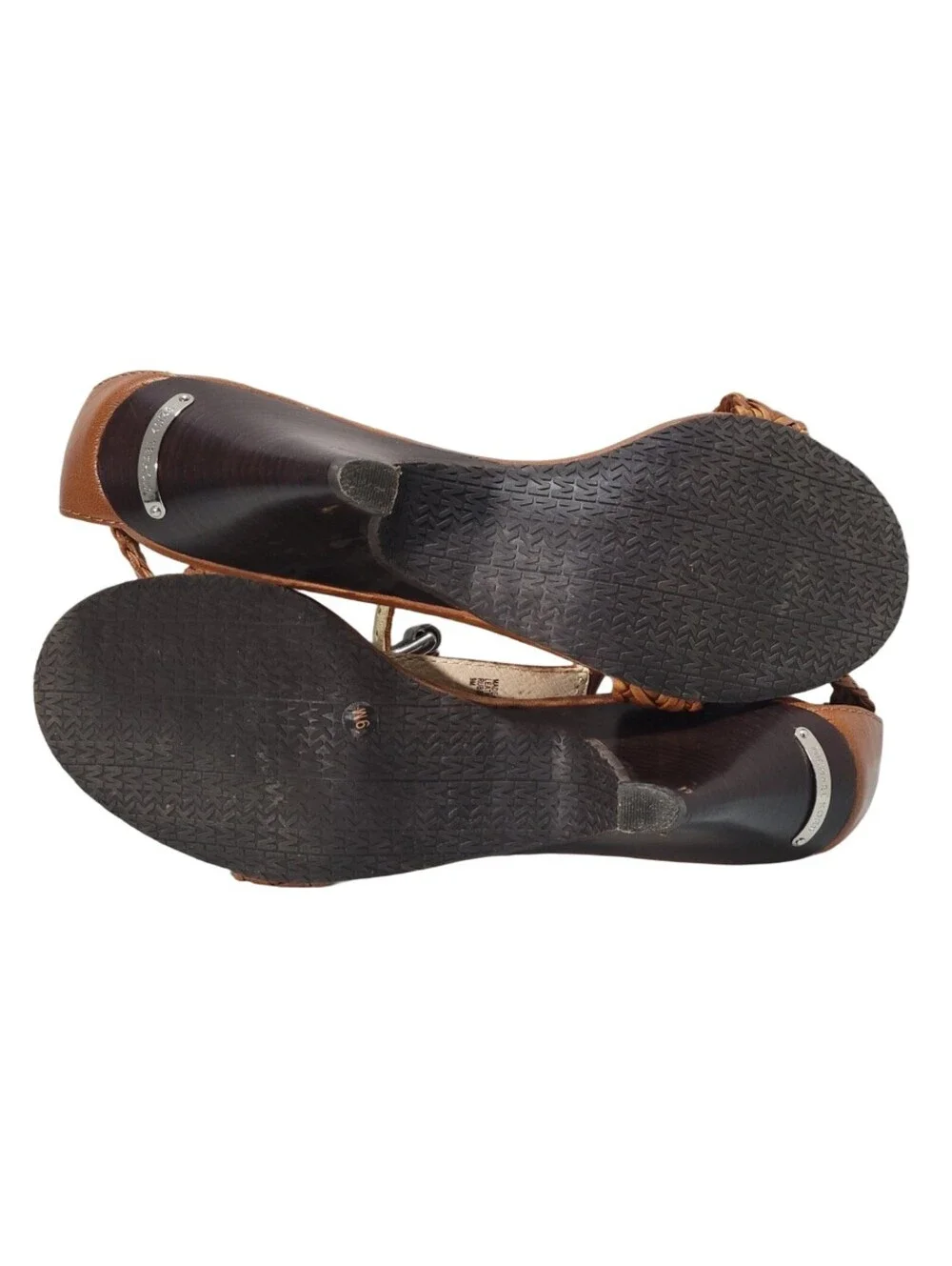 MICHAEL KORS LADIES BROWN BRADED LEATHER THONG HEELS ANKLE STRAP SIZE 9M